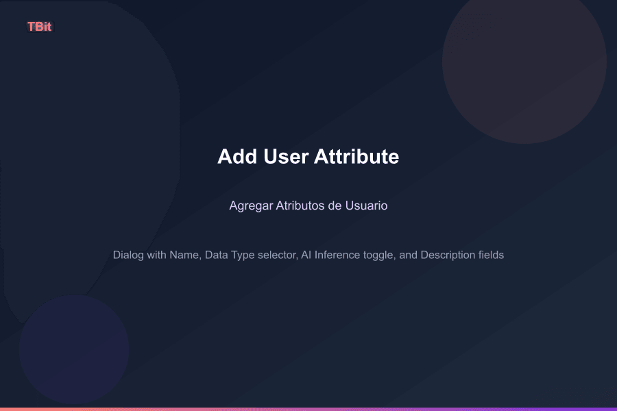 حوار إضافة سمات المستخدم في TBit مع حقول الاسم ونوع البيانات وتبديل استنتاج الذكاء الاصطناعي والوصف